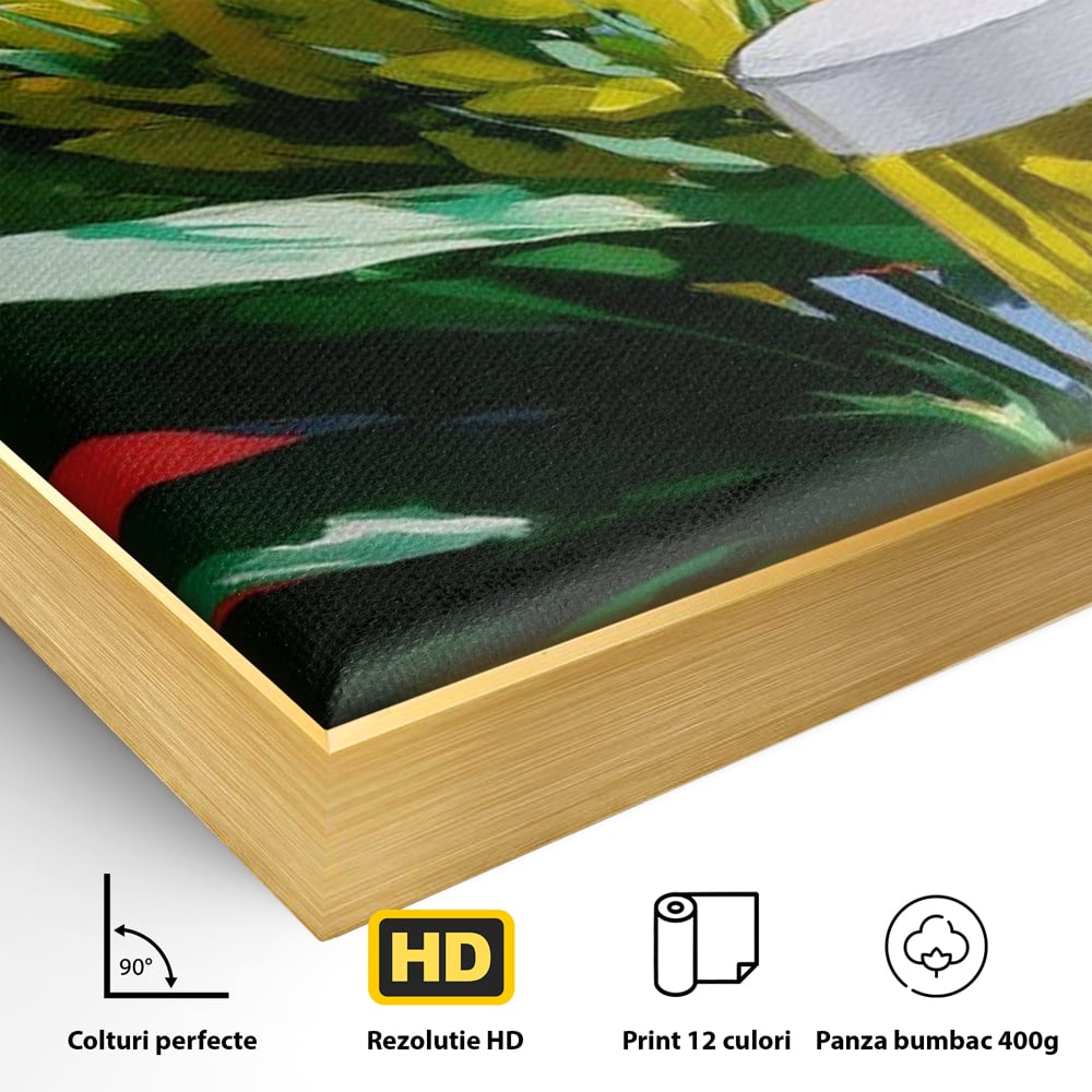 Detaliu al suprafetei: tablou canvas cu halba de bere si frunze tropicale, in rama de aluminiu auriu