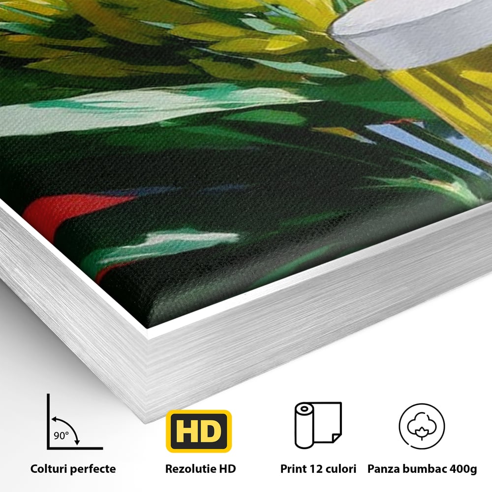 Detaliu al suprafetei: tablou canvas cu halba de bere si frunze tropicale, in rama de aluminiu argintiu