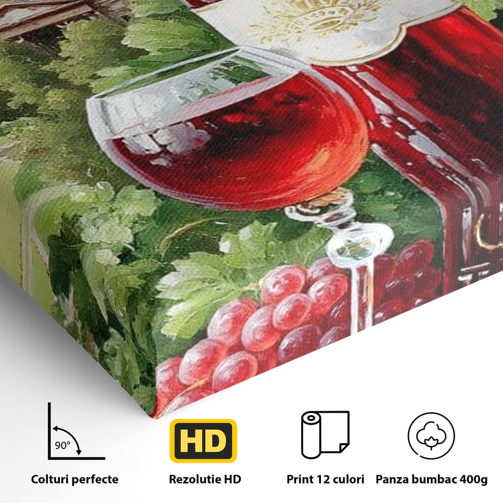 Detaliu al suprafetei: pictura cu sticla de vin si cupola, fara rama, pe sasiu de lemn