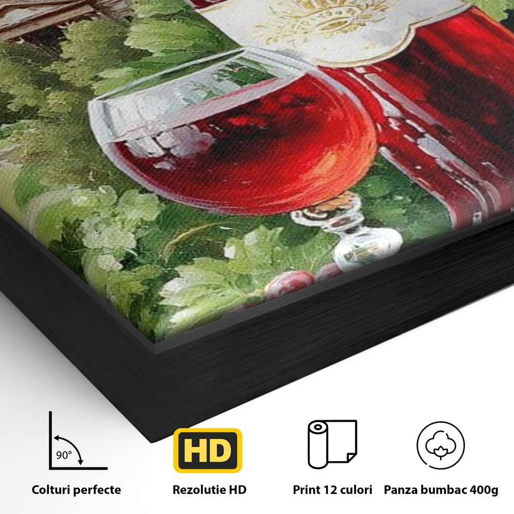 Detaliu al suprafetei: pictura cu sticla de vin si cupola, in rama de aluminiu negru