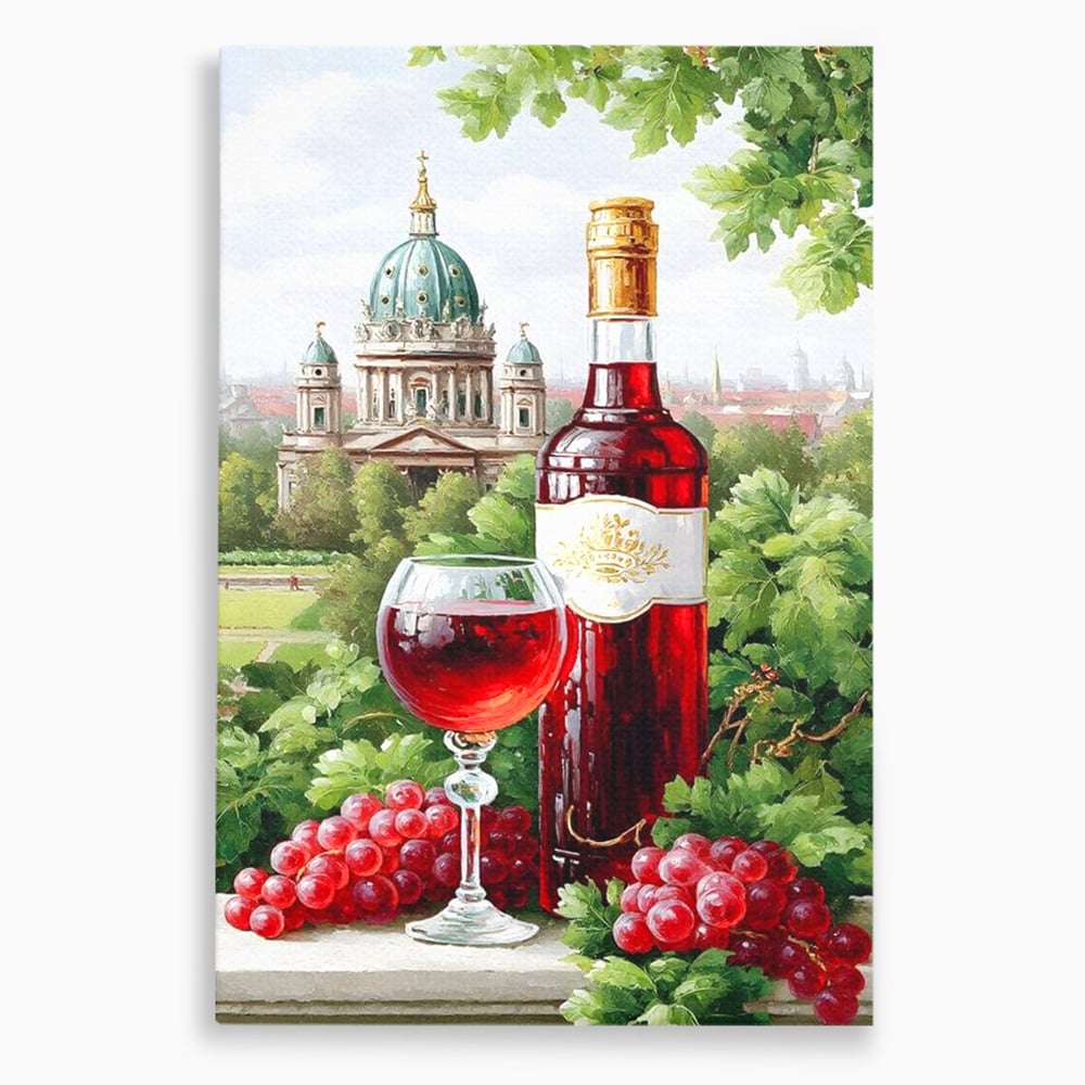 Tablou canvas cu pictura cu sticla de vin si cupola, fara rama, pe sasiu de lemn