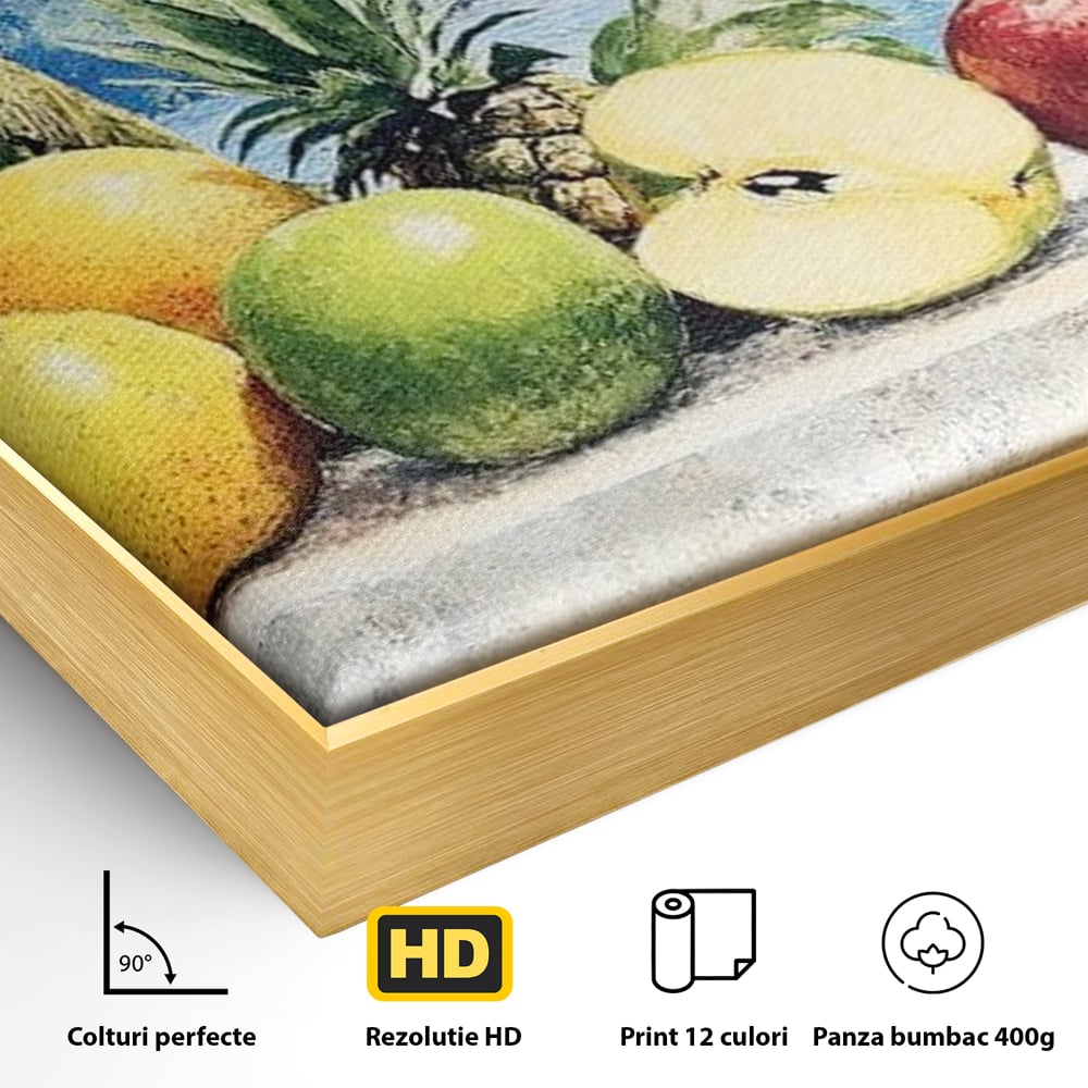 Detaliu al suprafetei: natura moarta cu fructe tropicale si ocean, in rama de aluminiu auriu