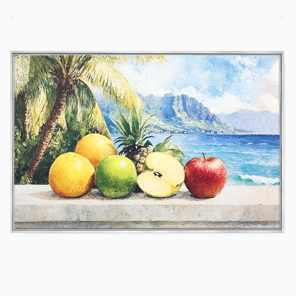 Tablou canvas cu natura moarta cu fructe tropicale si ocean, in rama de aluminiu argintiu