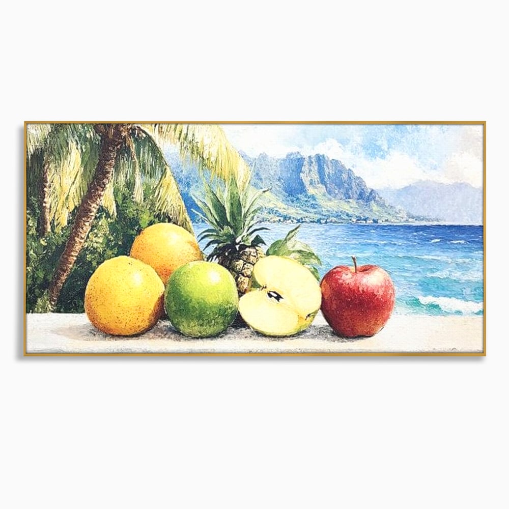 Tablou canvas cu natura moarta cu fructe tropicale si ocean, in rama de aluminiu auriu