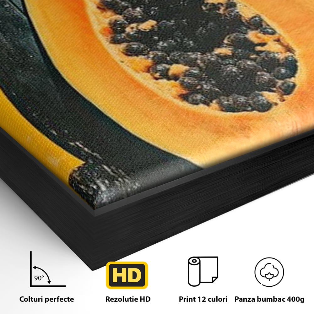 Detaliu al suprafetei: tablou canvas cu papaya taiata, in rama de aluminiu negru