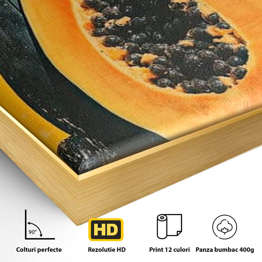 Detaliu al suprafetei: tablou canvas cu papaya taiata, in rama de aluminiu auriu
