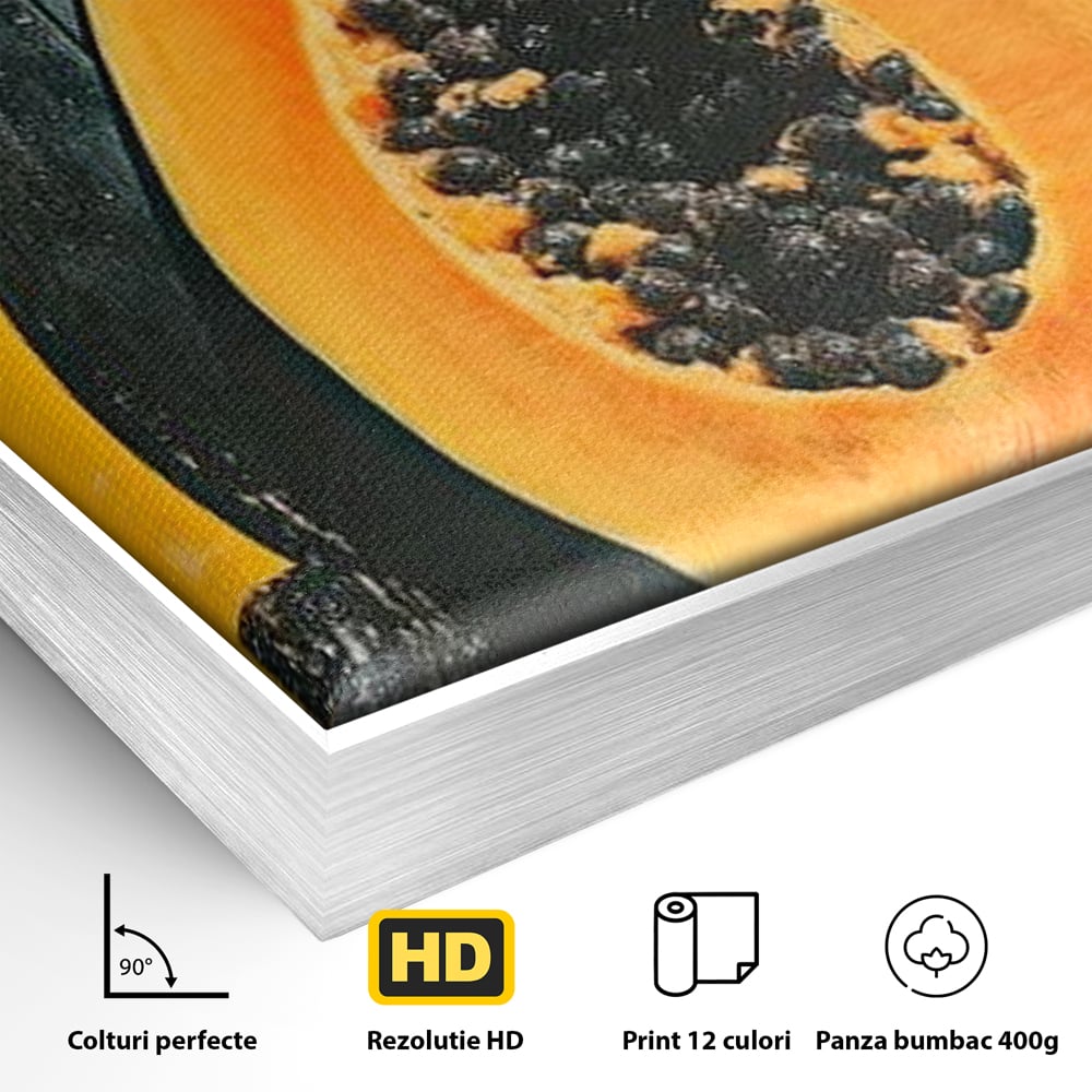 Detaliu al suprafetei: tablou canvas cu papaya taiata, in rama de aluminiu argintiu