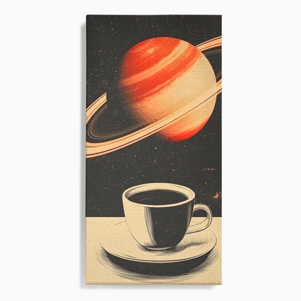 Tablou canvas cu ilustratie cu ceasca de cafea si planeta saturn, fara rama, pe sasiu de lemn
