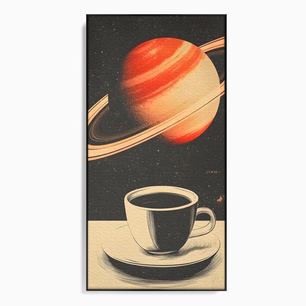 Tablou canvas cu ilustratie cu ceasca de cafea si planeta saturn, in rama de aluminiu negru