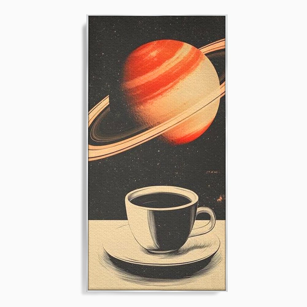 Tablou canvas cu ilustratie cu ceasca de cafea si planeta saturn, in rama de aluminiu argintiu