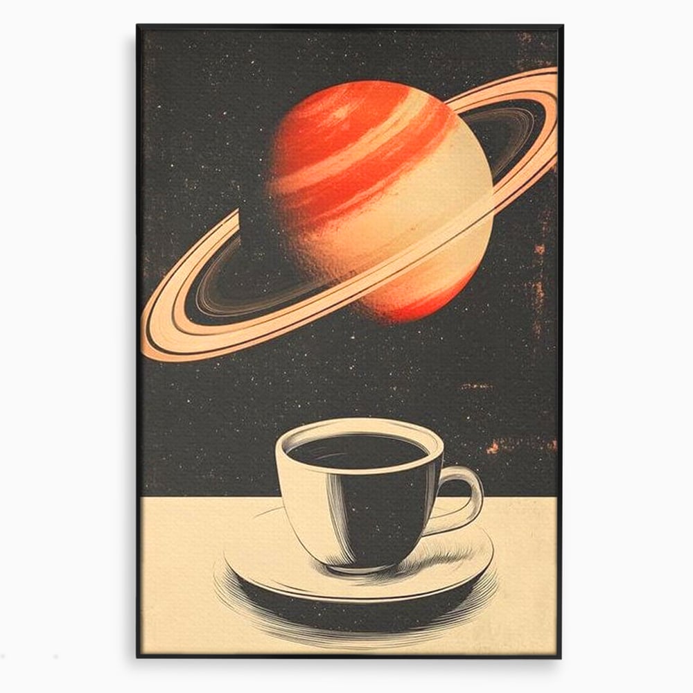 Tablou canvas cu ilustratie cu ceasca de cafea si planeta saturn, in rama de aluminiu negru