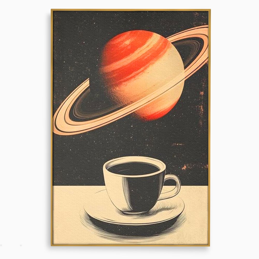 Tablou canvas cu ilustratie cu ceasca de cafea si planeta saturn, in rama de aluminiu auriu