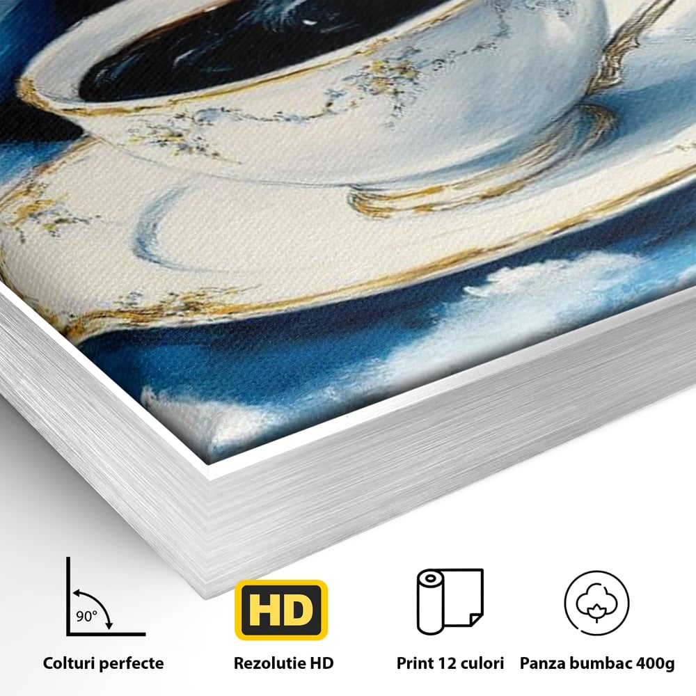 Detaliu al suprafetei: tablou canvas cu ceasca si planeta, in rama de aluminiu argintiu