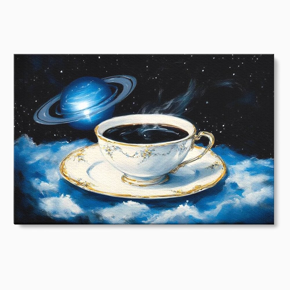 Tablou canvas cu tablou canvas cu ceasca si planeta, fara rama, pe sasiu de lemn