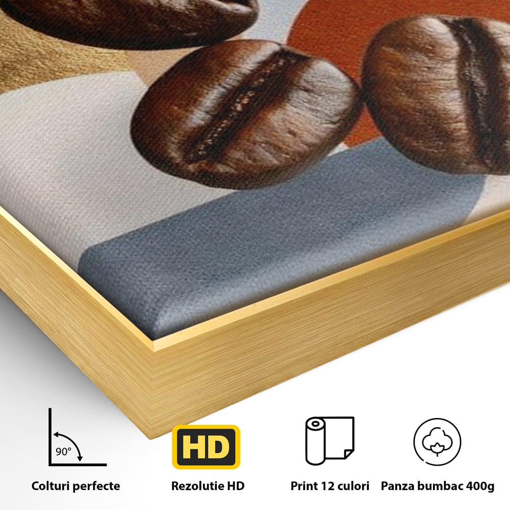 Detaliu al suprafetei: tablou canvas cu boabe de cafea si forme geometrice, in rama de aluminiu auriu