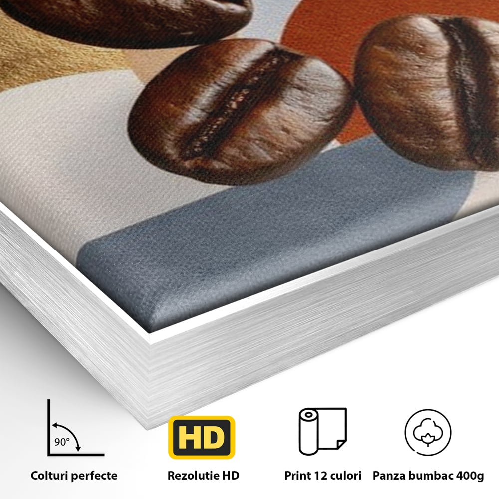 Detaliu al suprafetei: tablou canvas cu boabe de cafea si forme geometrice, in rama de aluminiu argintiu