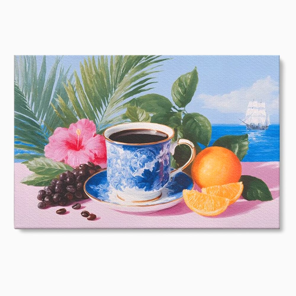 Tablou canvas cu natura moarta cu ceasca de cafea si portocale, fara rama, pe sasiu de lemn
