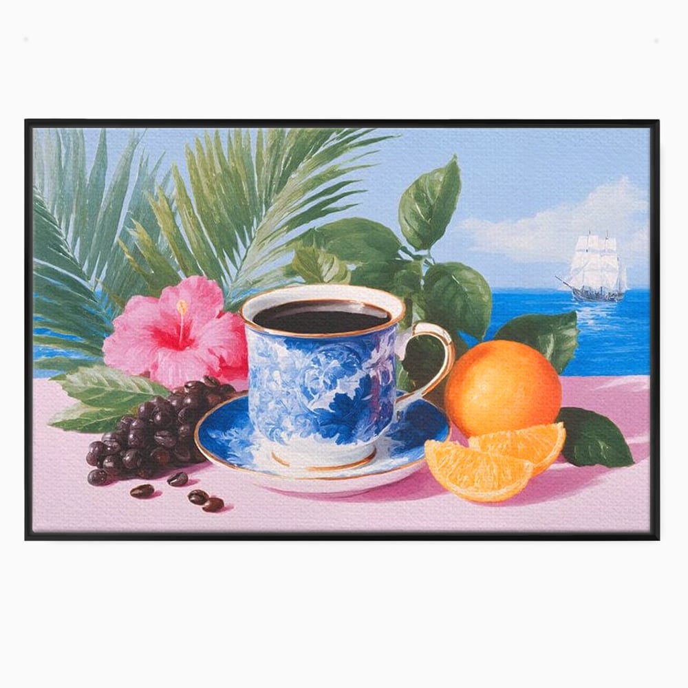 Tablou canvas cu natura moarta cu ceasca de cafea si portocale, in rama de aluminiu negru