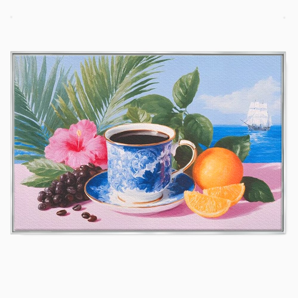Tablou canvas cu natura moarta cu ceasca de cafea si portocale, in rama de aluminiu argintiu