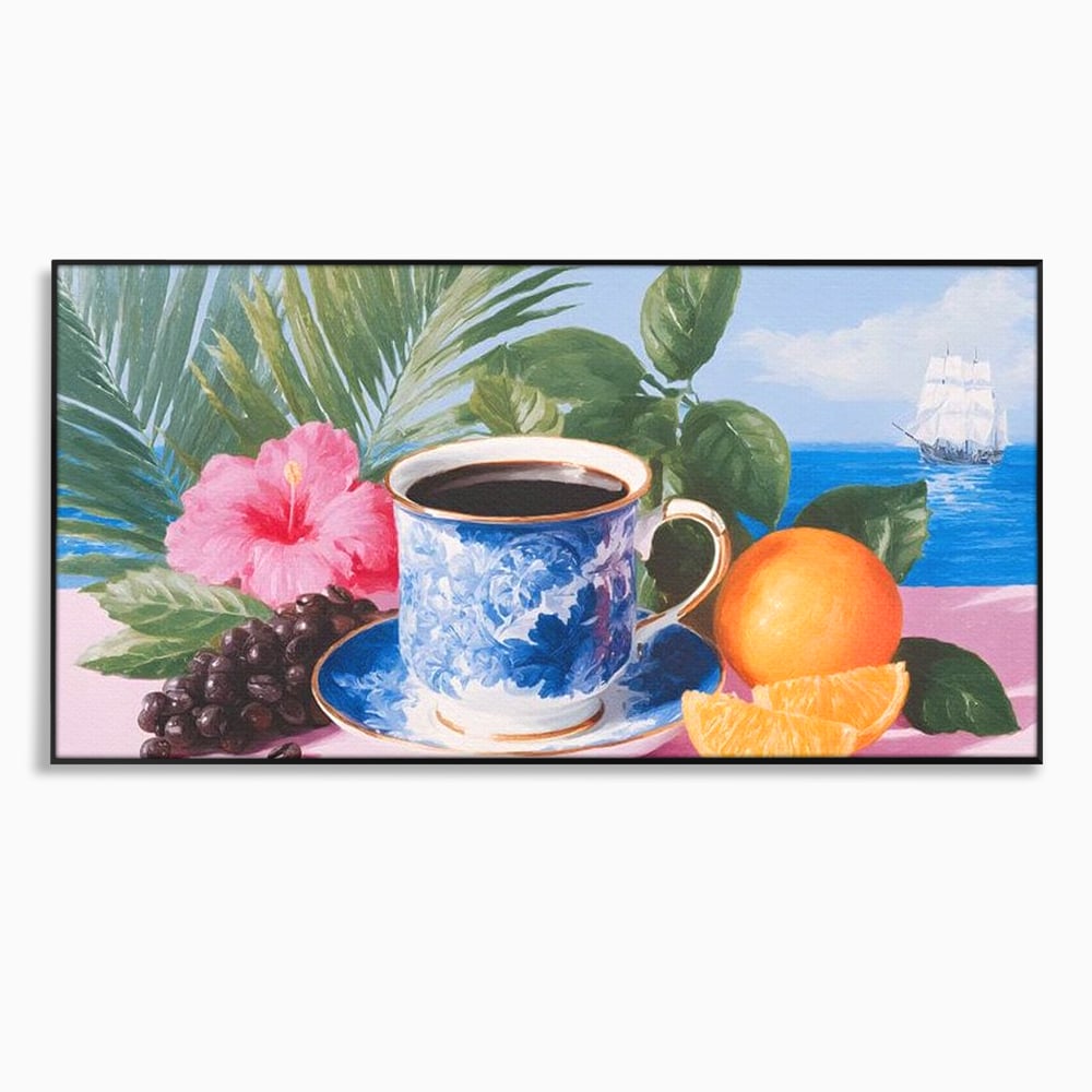 Tablou canvas cu natura moarta cu ceasca de cafea si portocale, in rama de aluminiu negru