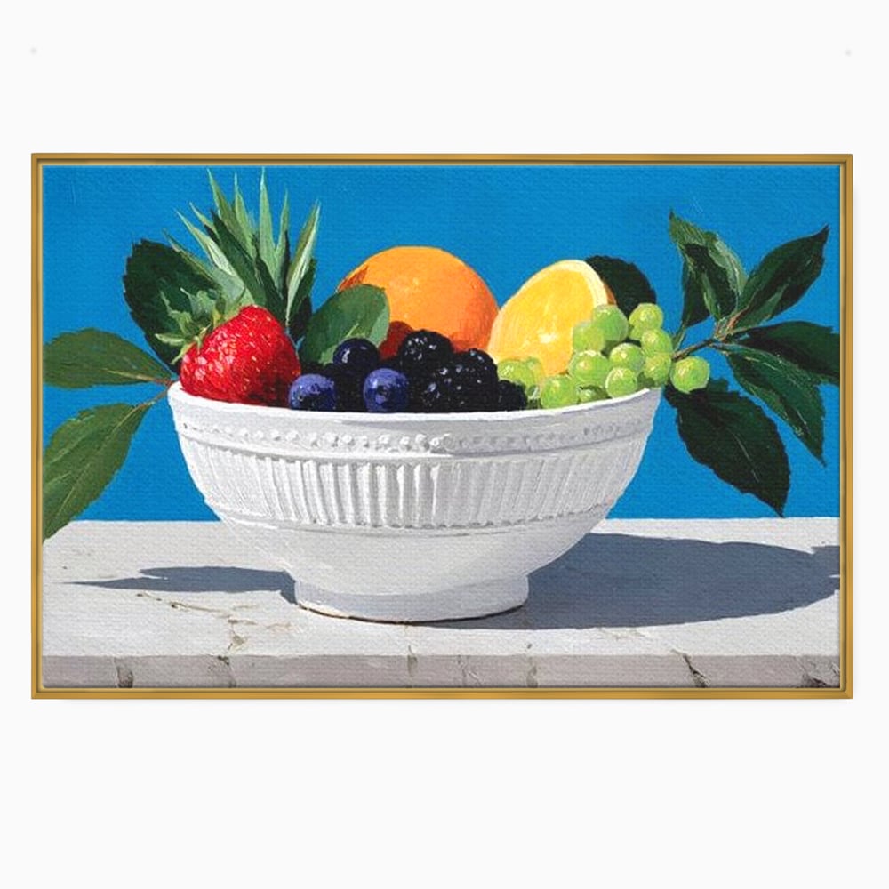 Tablou canvas cu pictura cu bol alb si fructe, in rama de aluminiu auriu