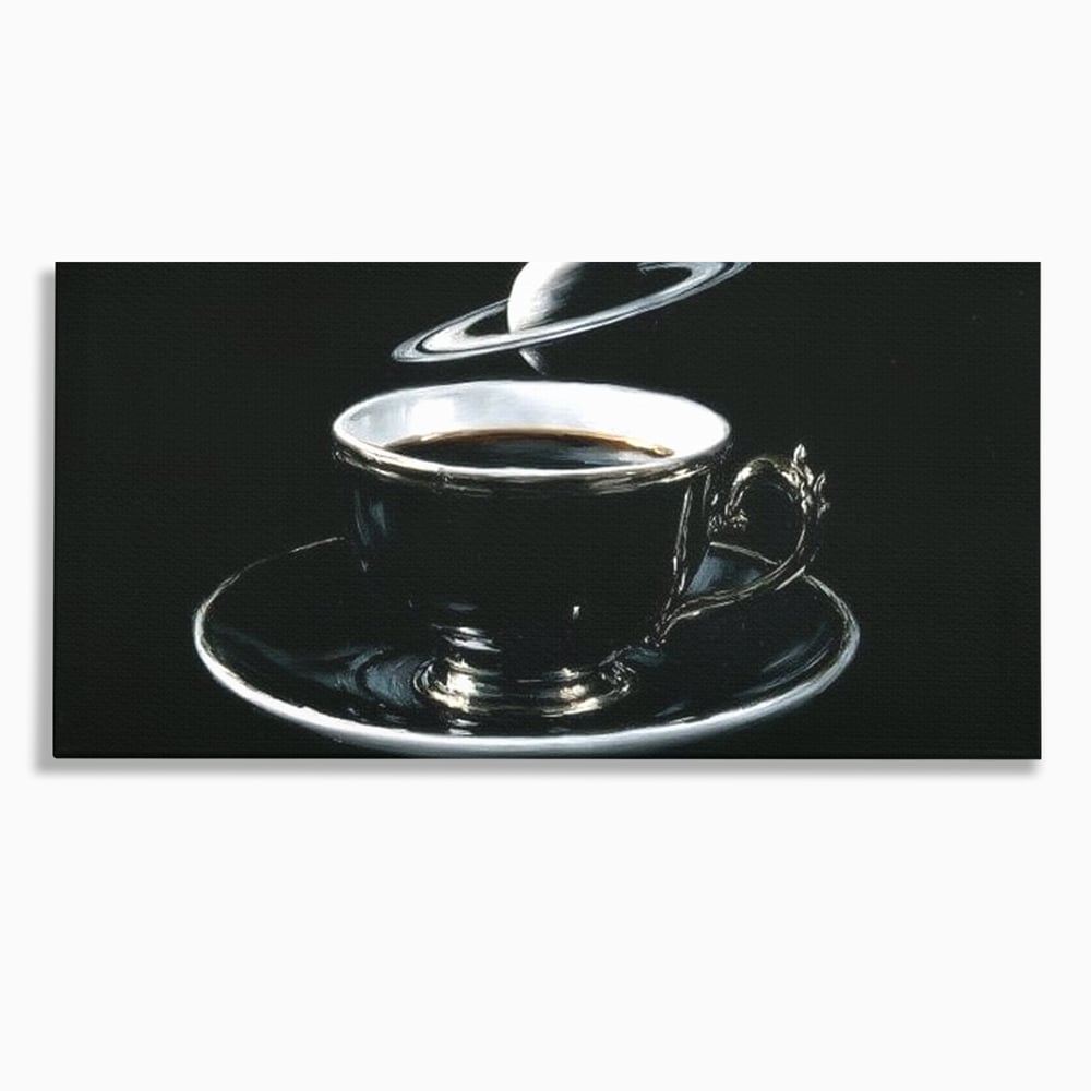 Tablou canvas cu tablou canvas cu ceasca de cafea si planeta, fara rama, pe sasiu de lemn