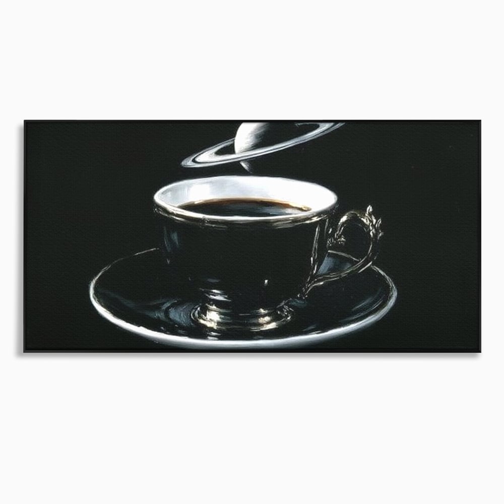 Tablou canvas cu tablou canvas cu ceasca de cafea si planeta, in rama de aluminiu negru