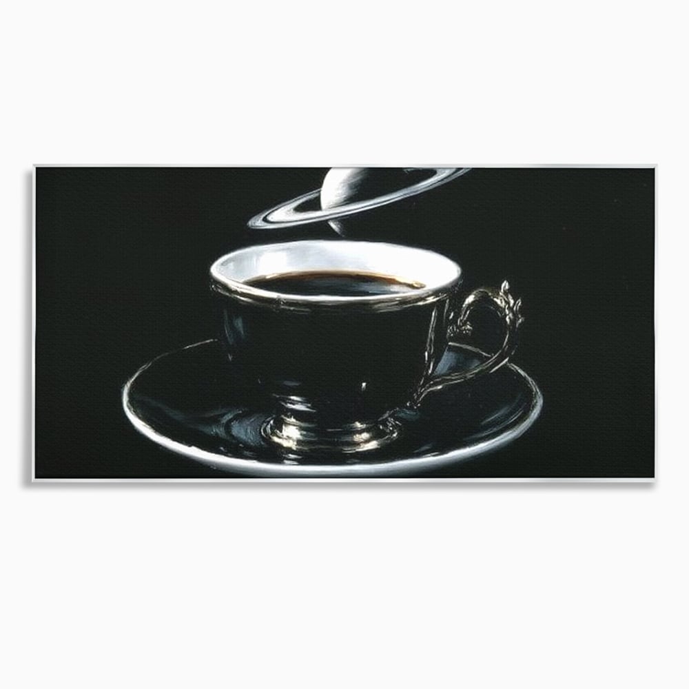Tablou canvas cu tablou canvas cu ceasca de cafea si planeta, in rama de aluminiu argintiu
