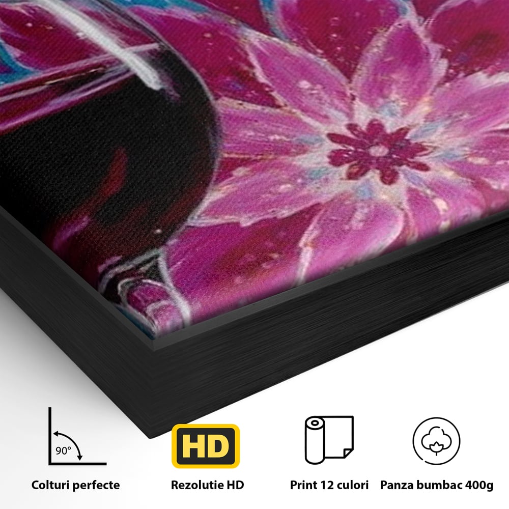 Detaliu al suprafetei: tablou canvas cu pahar de vin si mandala, in rama de aluminiu negru