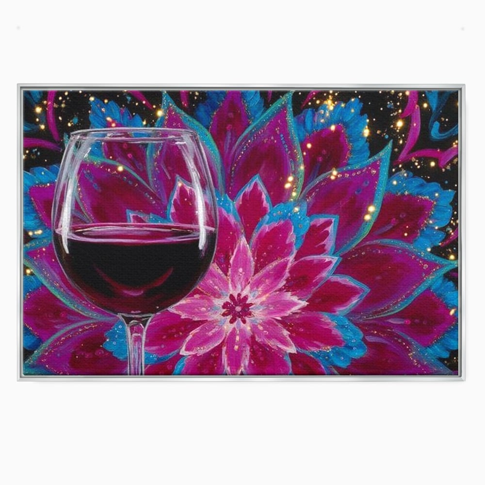 Tablou canvas cu tablou canvas cu pahar de vin si mandala, in rama de aluminiu argintiu