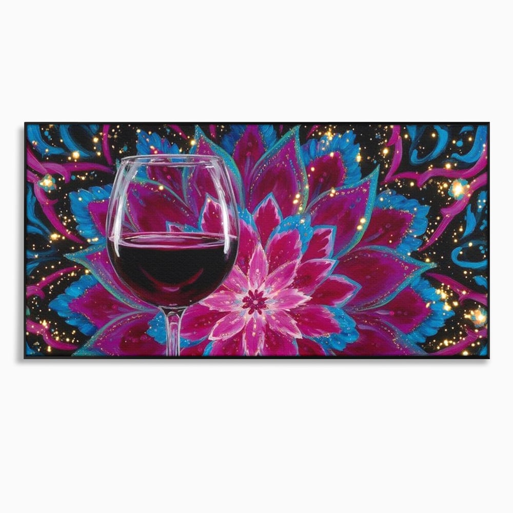 Tablou canvas cu tablou canvas cu pahar de vin si mandala, in rama de aluminiu negru