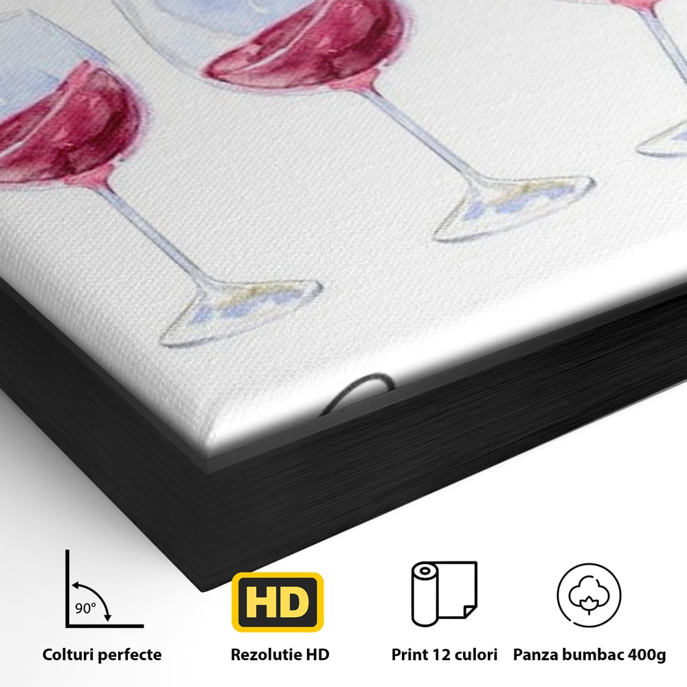 Detaliu al suprafetei: tablou canvas cu pahare de vin si mesaj, in rama de aluminiu negru