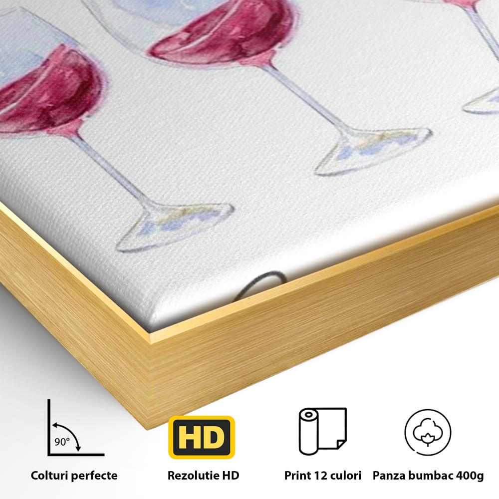 Detaliu al suprafetei: tablou canvas cu pahare de vin si mesaj, in rama de aluminiu auriu