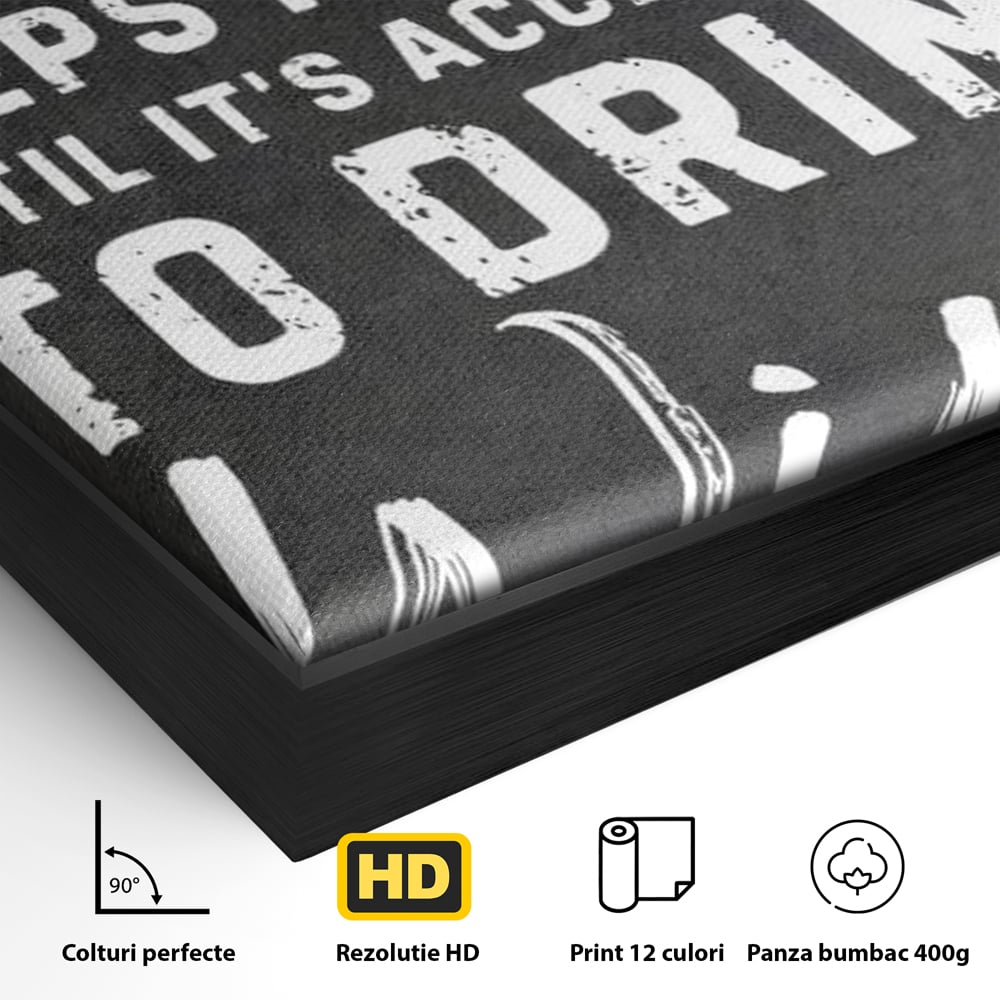 Detaliu al suprafetei: tablou motivational cu cafea si vin, in rama de aluminiu negru