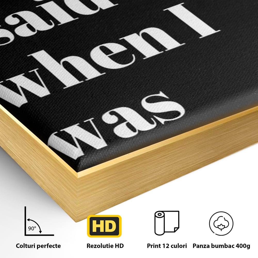 Detaliu al suprafetei: tablou canvas cu mesaj text amuzant pe fond negru, in rama de aluminiu auriu