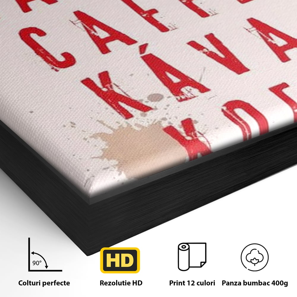 Detaliu al suprafetei: tablou canvas cu tipografie cafea in sapte limbi, in rama de aluminiu negru