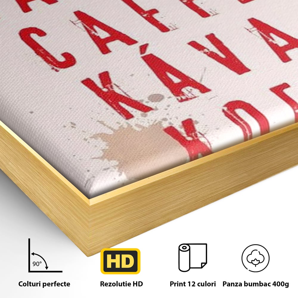 Detaliu al suprafetei: tablou canvas cu tipografie cafea in sapte limbi, in rama de aluminiu auriu