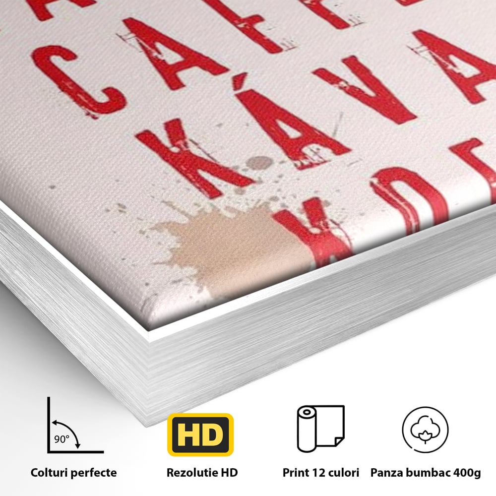 Detaliu al suprafetei: tablou canvas cu tipografie cafea in sapte limbi, in rama de aluminiu argintiu