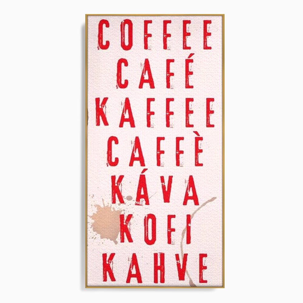 Tablou canvas cu tablou canvas cu tipografie cafea in sapte limbi, in rama de aluminiu auriu