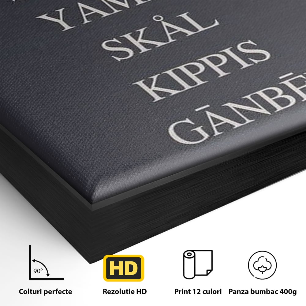Detaliu al suprafetei: tablou canvas tipografie cu urari de noroc, in rama de aluminiu negru
