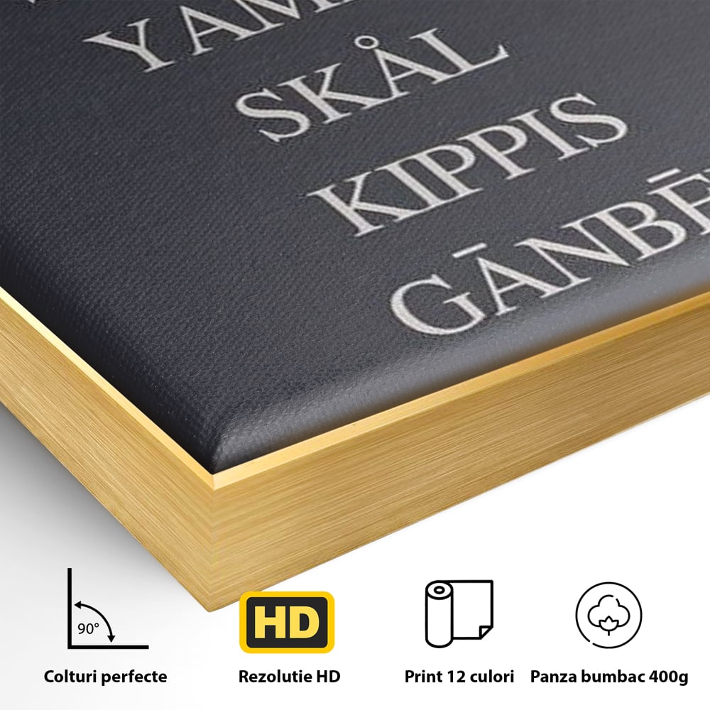 Detaliu al suprafetei: tablou canvas tipografie cu urari de noroc, in rama de aluminiu auriu