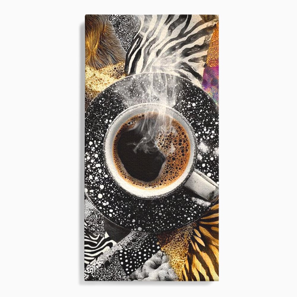 Tablou canvas cu tablou canvas cu ceasca de cafea si imprimeuri animale, fara rama, pe sasiu de lemn