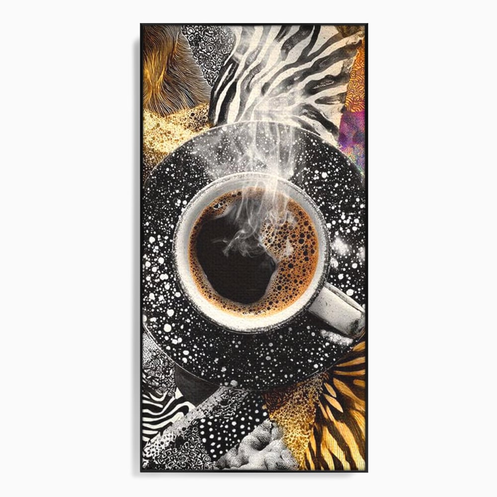 Tablou canvas cu tablou canvas cu ceasca de cafea si imprimeuri animale, in rama de aluminiu negru
