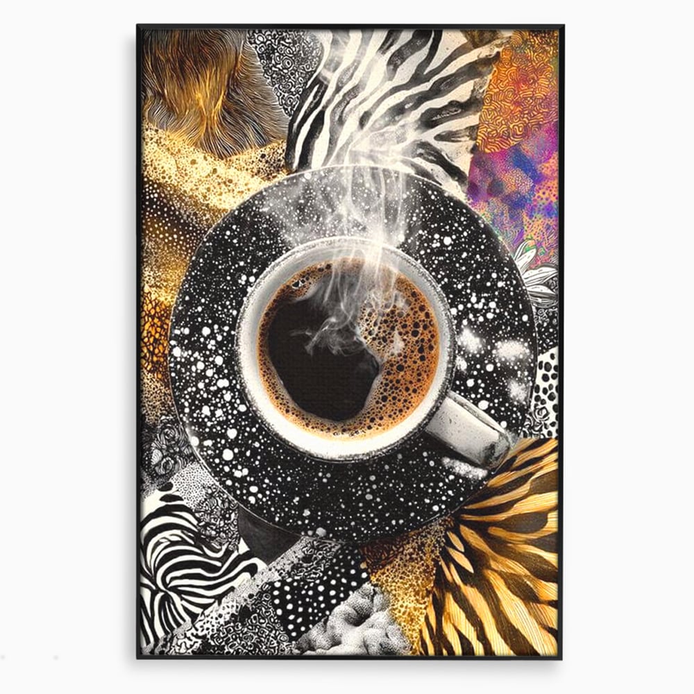 Tablou canvas cu tablou canvas cu ceasca de cafea si imprimeuri animale, in rama de aluminiu negru