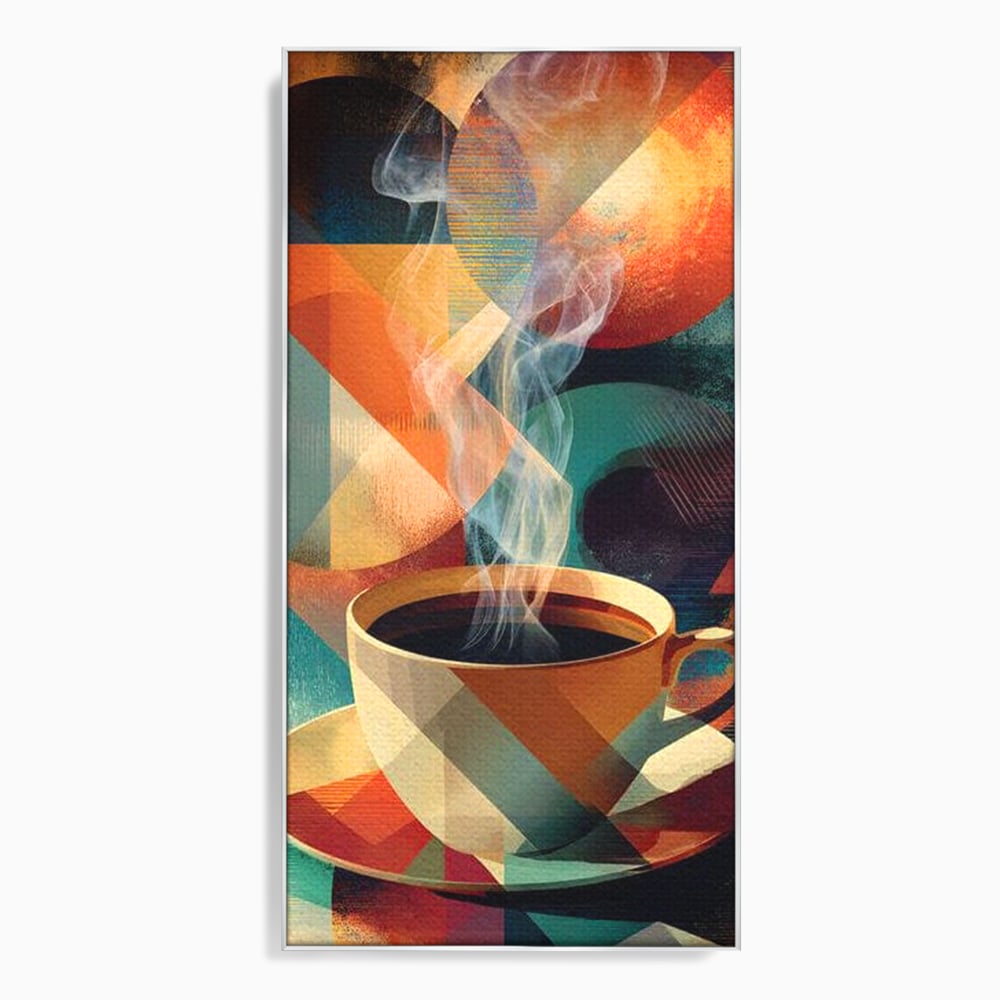 Tablou canvas cu ilustratie abstracta cu ceasca de cafea, in rama de aluminiu argintiu