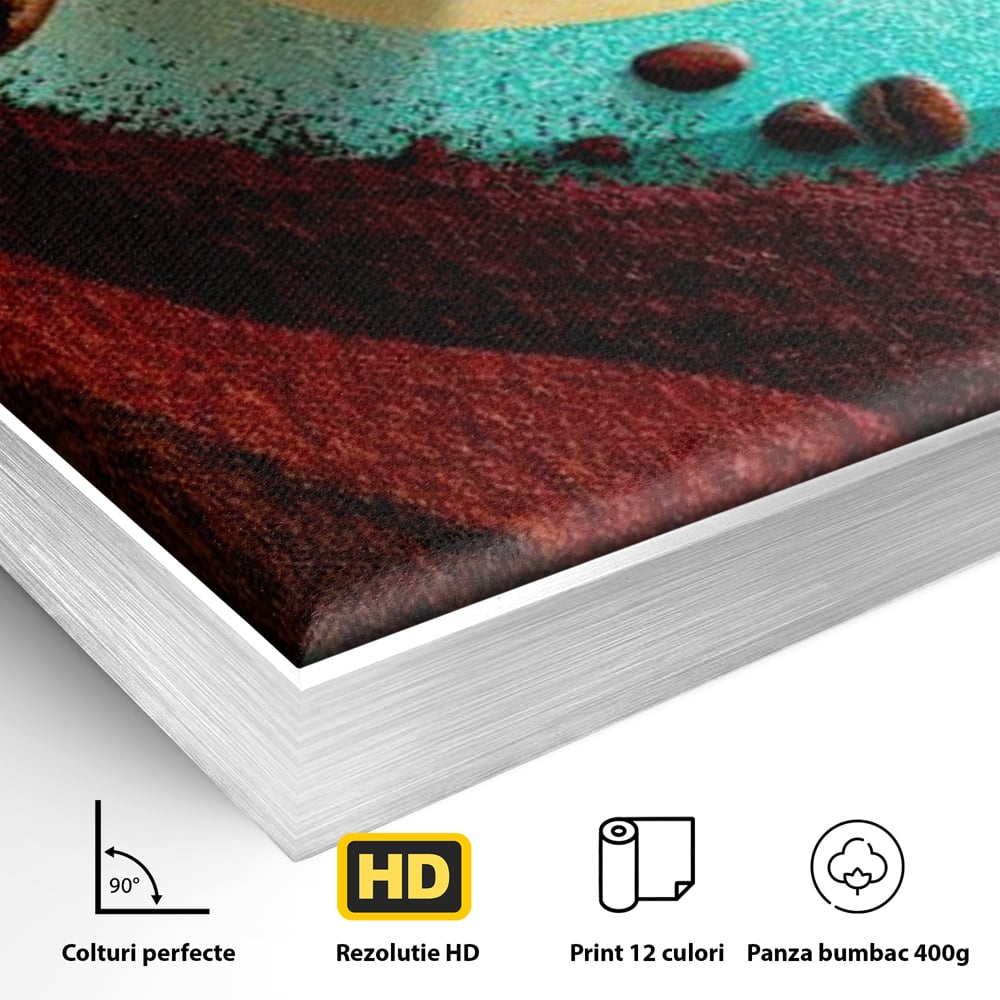 Detaliu al suprafetei: tablou abstract cu boabe de cafea, in rama de aluminiu argintiu