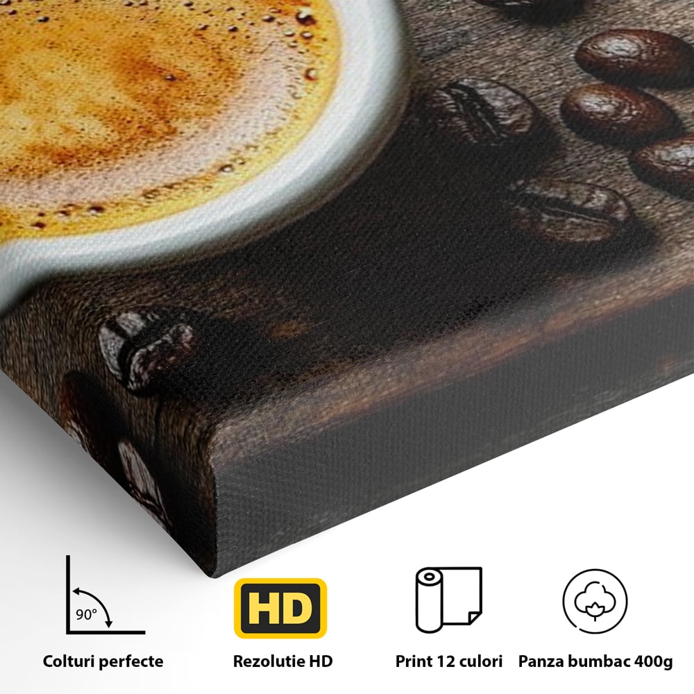 Detaliu al suprafetei: ceasca de espresso si boabe de cafea, fara rama, pe sasiu de lemn