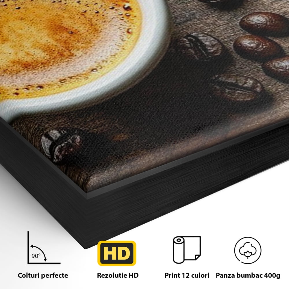 Detaliu al suprafetei: ceasca de espresso si boabe de cafea, in rama de aluminiu negru