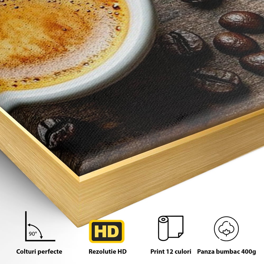 Detaliu al suprafetei: ceasca de espresso si boabe de cafea, in rama de aluminiu auriu