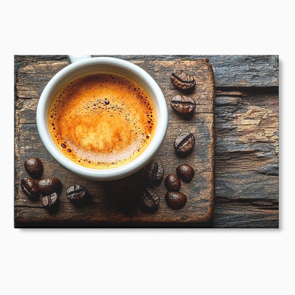 Tablou canvas cu ceasca de espresso si boabe de cafea, fara rama, pe sasiu de lemn